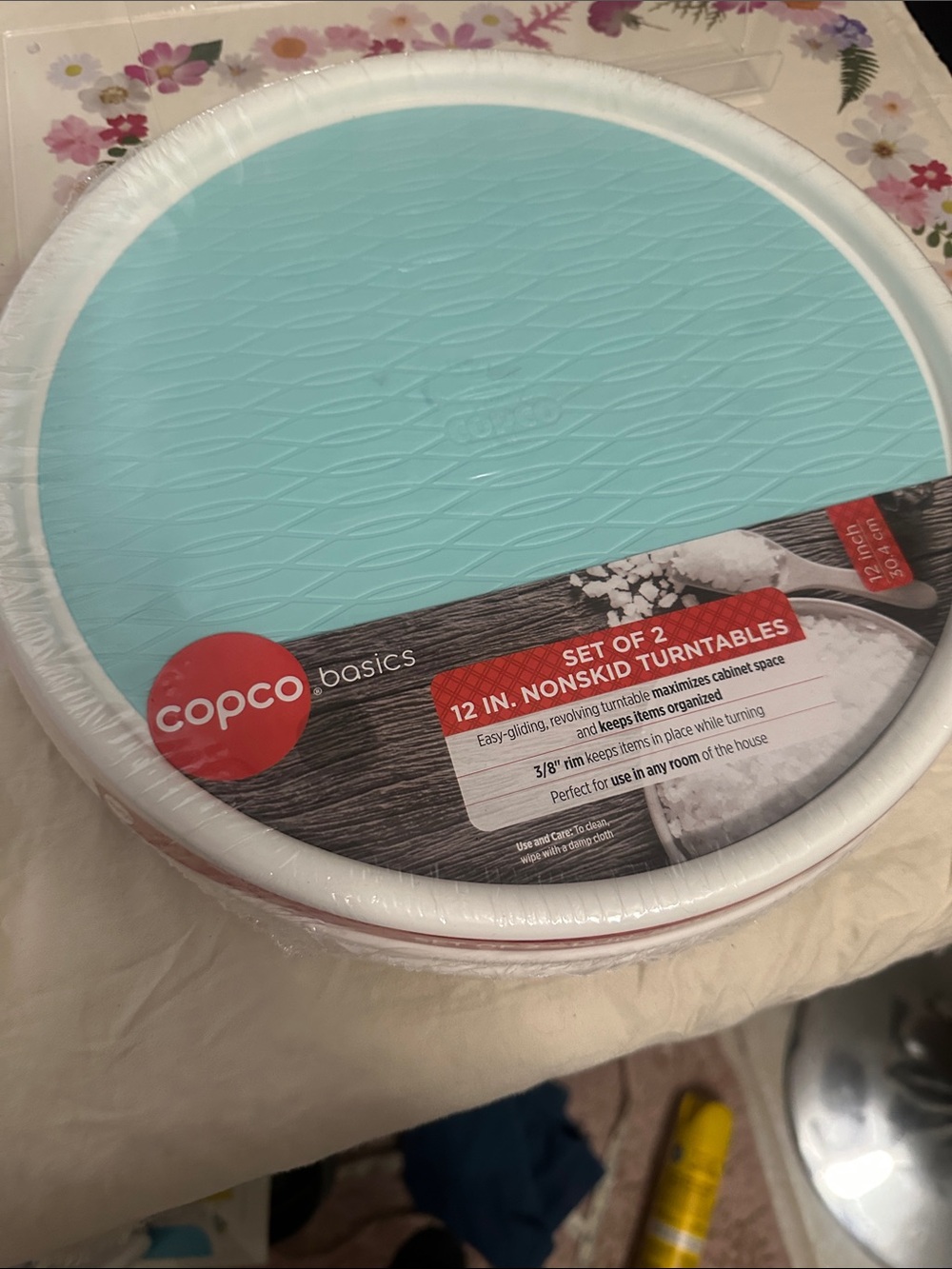 Set of 2 Copco Basics 12" Non-Skid Turntable - Light Aqua & white NWT